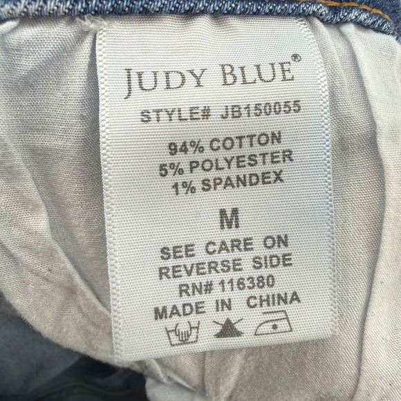 Judy Blue Distressed Denim Shorts Women's M Lemon Print Patches Frayed Hem Blue - Picture 8 of 10